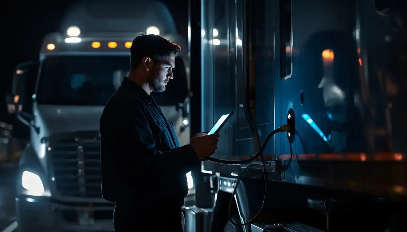 Night emergency mobile truck mechanic resolving electrical and ABS issues in Philadelphia